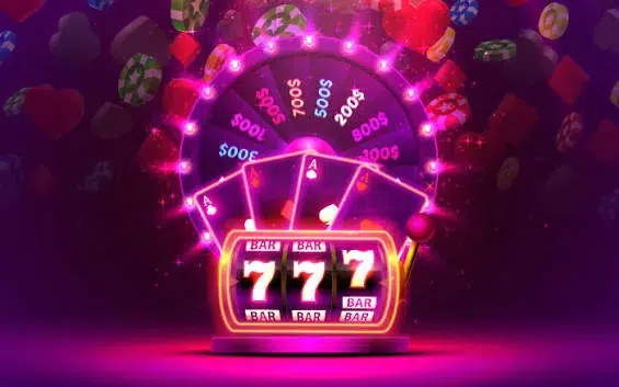 Slot machine al neon viola accanto a una ruota dei premi